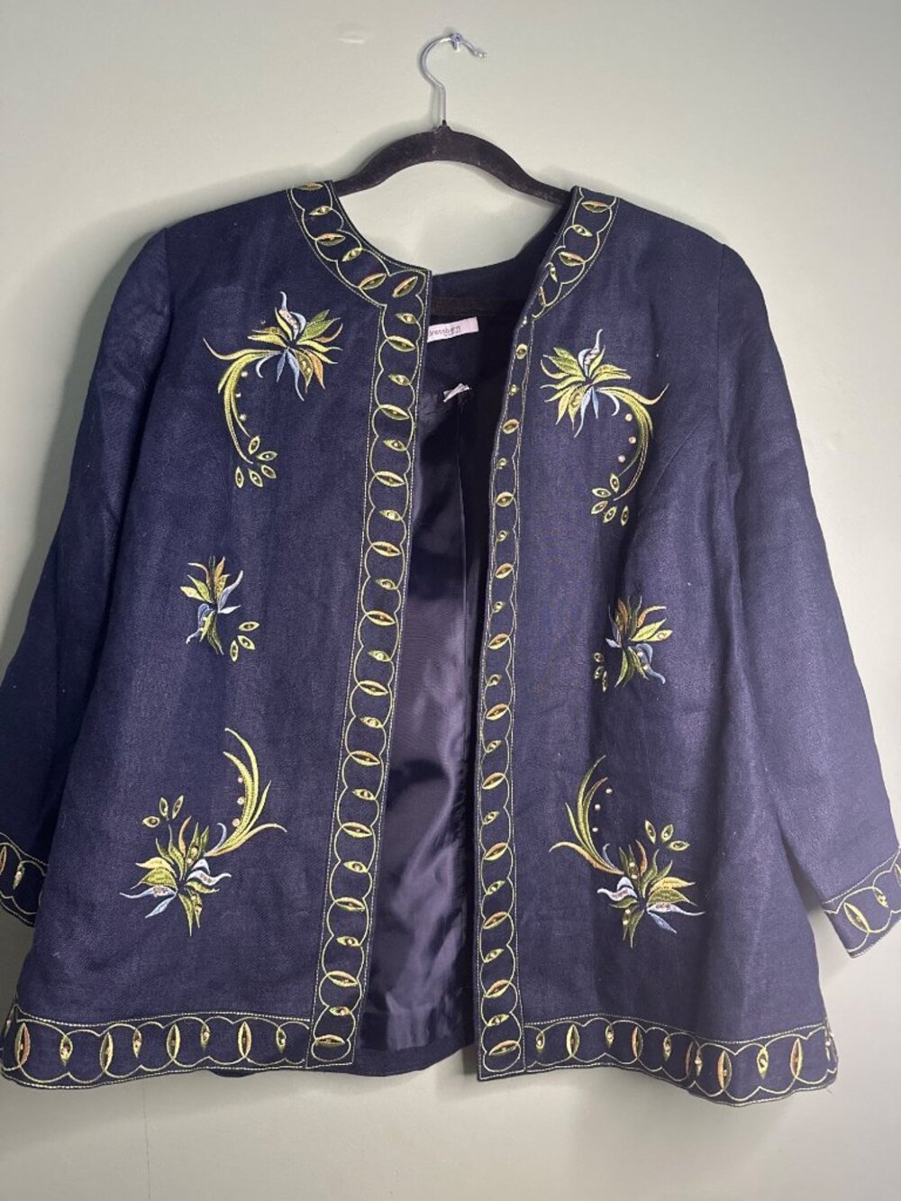 DressBarn 16W 100% Linen Embroidered Jacket Blue Floral Open Front Blazer office